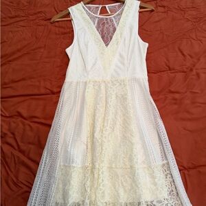 BCBG Ivory Lace Midi Dress with V-Detail